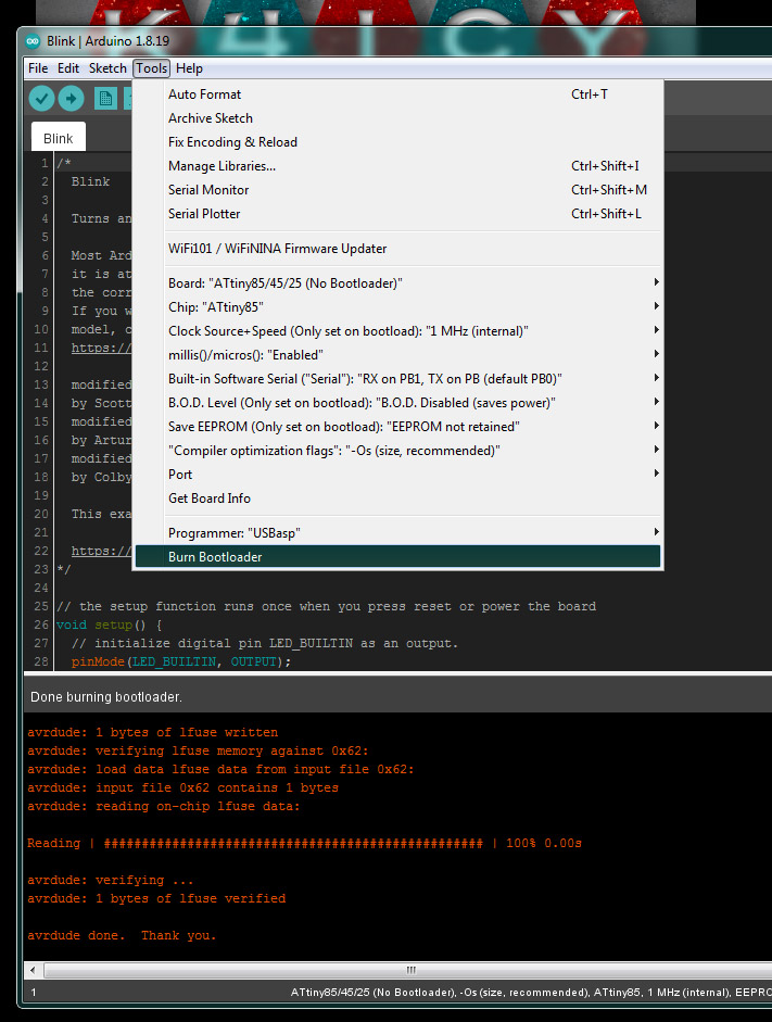 Burn the bootloader to an ATTiny85 with a USBasp