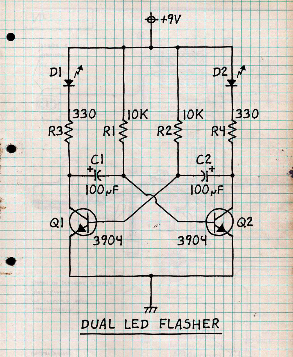 Dual LED Flasher Schematic, Free-Running Astable Multivibrator