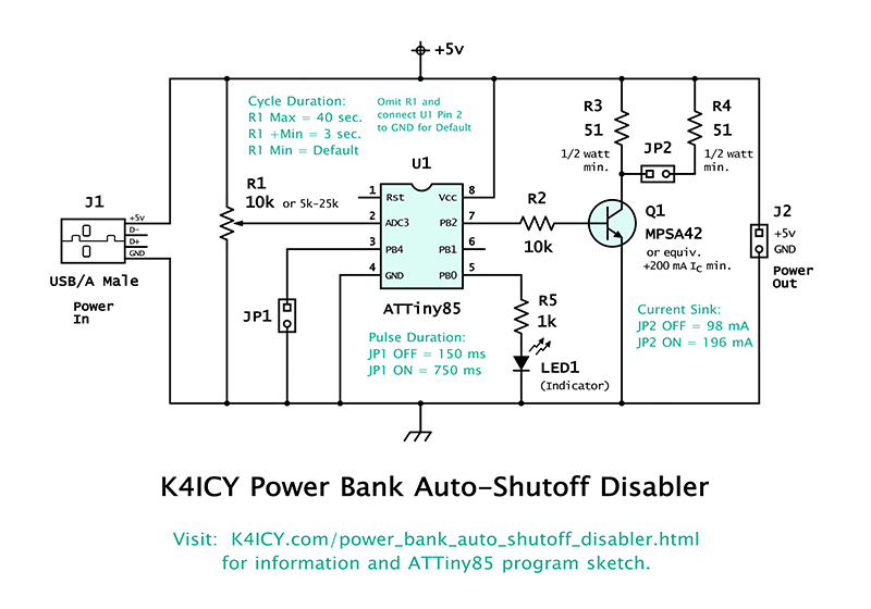 Power Bank Auto-Shutoff Disabler Current Pulser Circuit Schematic