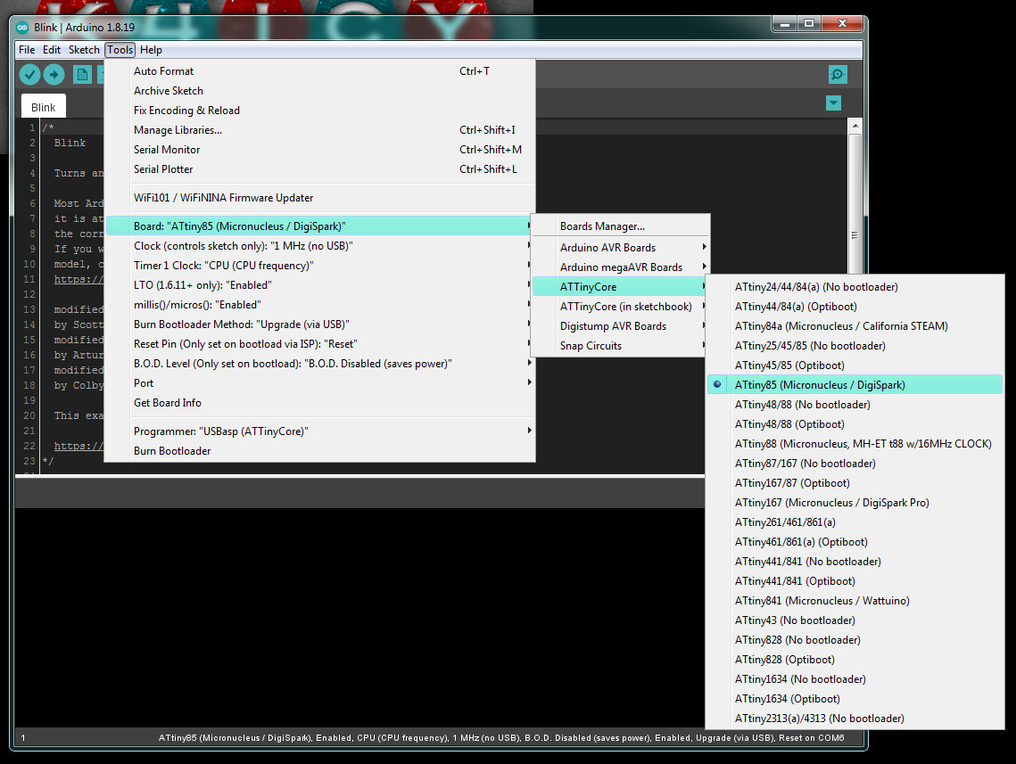 Choose the ATTiny85 Micronucleus (bootloader) for Digispark under Boards