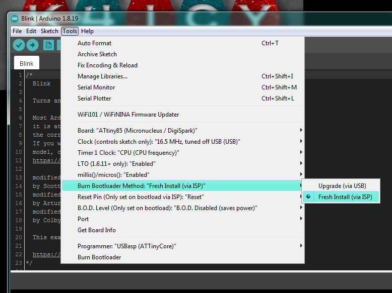 Method to Burn The Bootloader to the Digispark ATTiny85